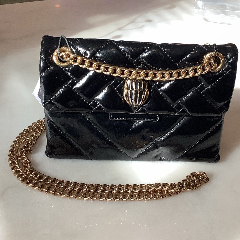97 Kurt Geiger Black Patent Quilted Crossbody Bag With Gold Chain Brand New